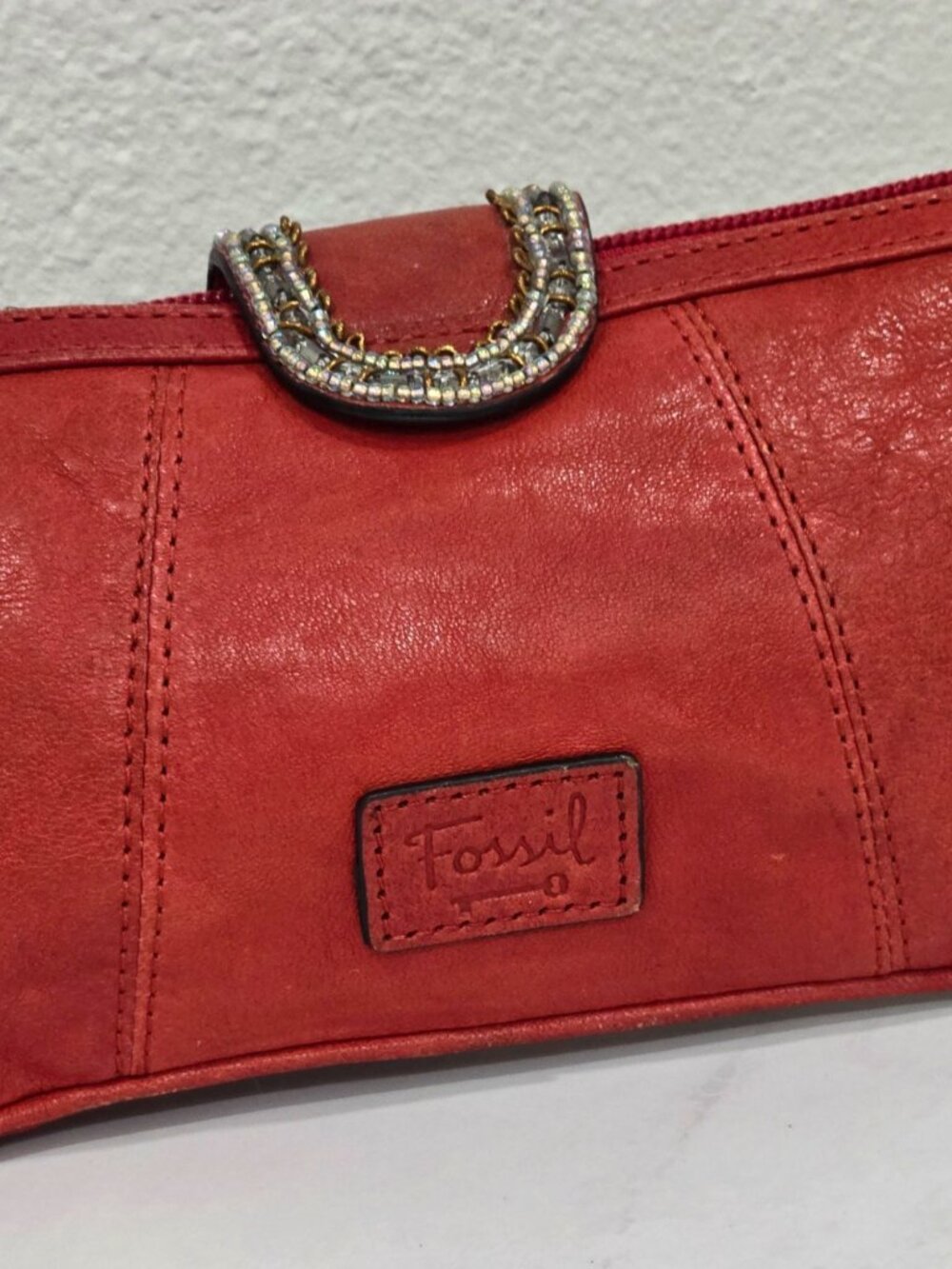 Fossil ✦ Red Leather Hand Beaded Clutch ✦ Rhinestone Accents Zip Closure 10" - Picture 4 of 10